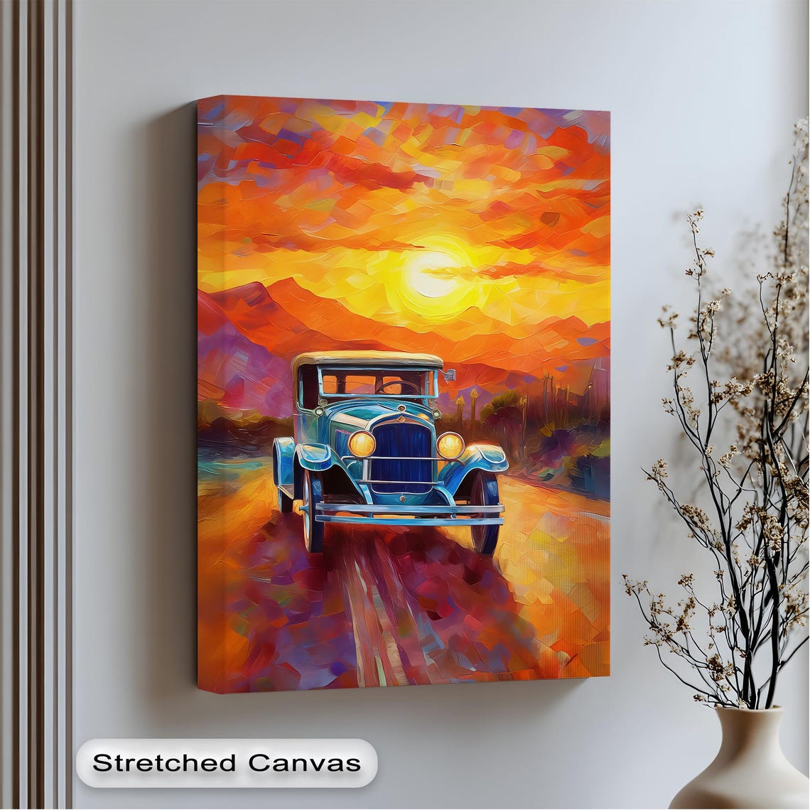 Vintage Blue Car Fiery Sunset Road Impressionist Classic Auto Poster