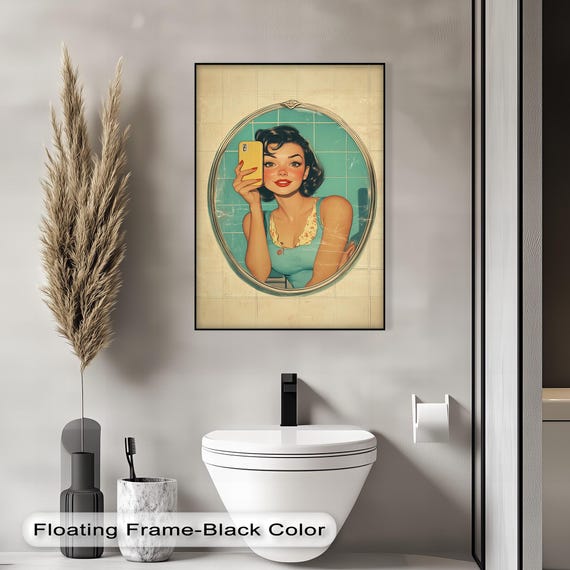 Retro Pinup Selfie Canvas Print Funny Bathroom Wall Art