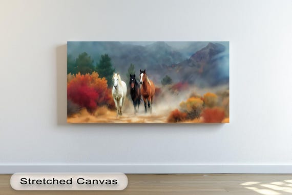 Three Wild Horses Running Autumn Mist Mountain Canvas Wall Art