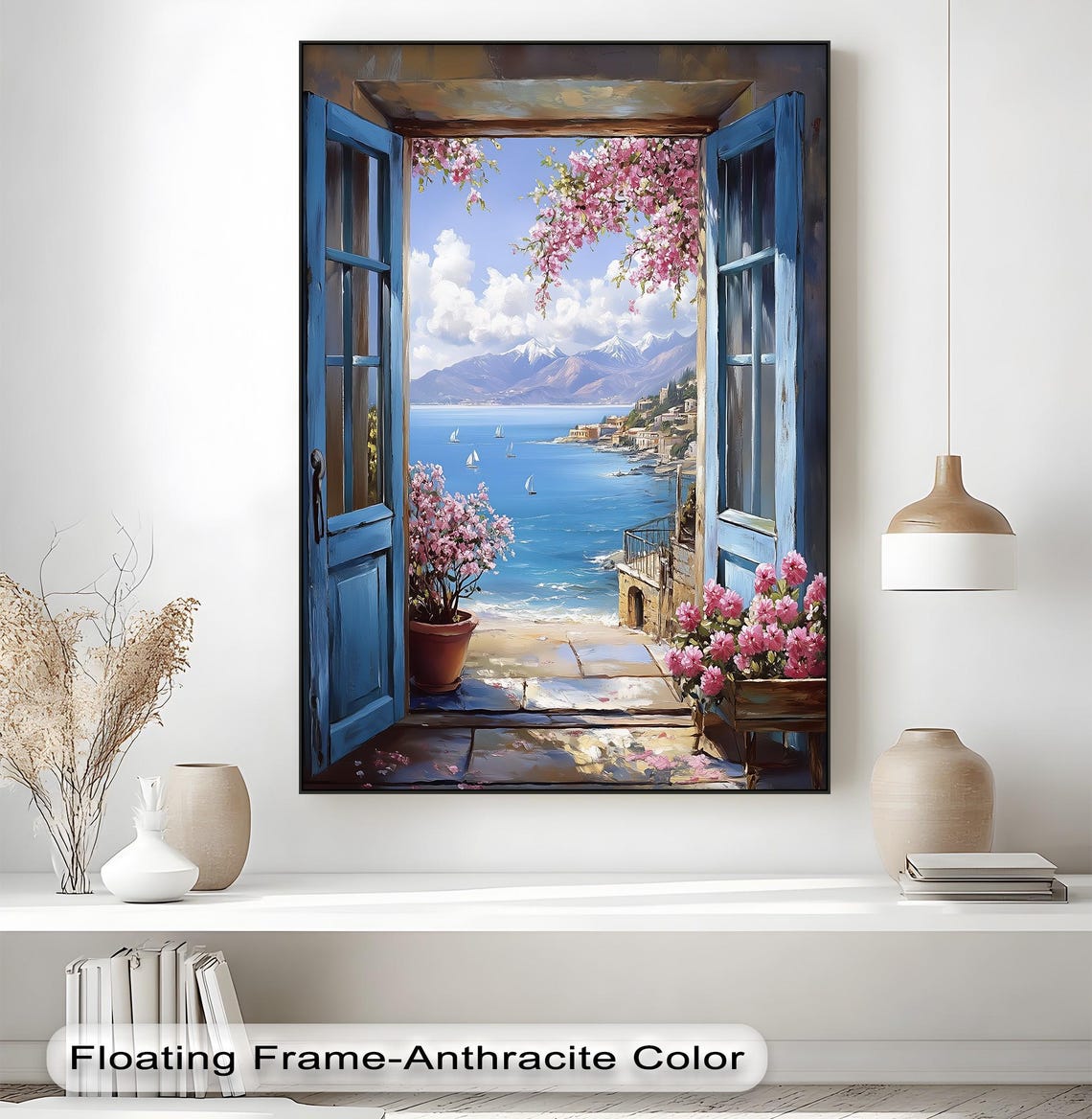 Open Blue Doors Seaside Balcony Flowers Coastal Painting Art Poster