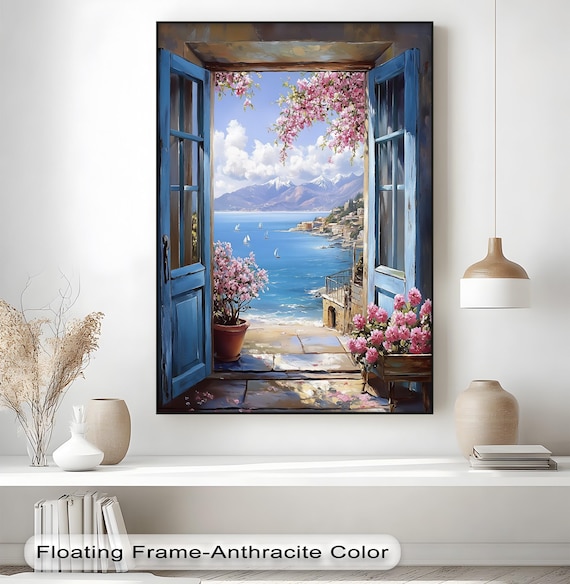Open Blue Doors Seaside Balcony Flowers Coastal Painting Art Poster