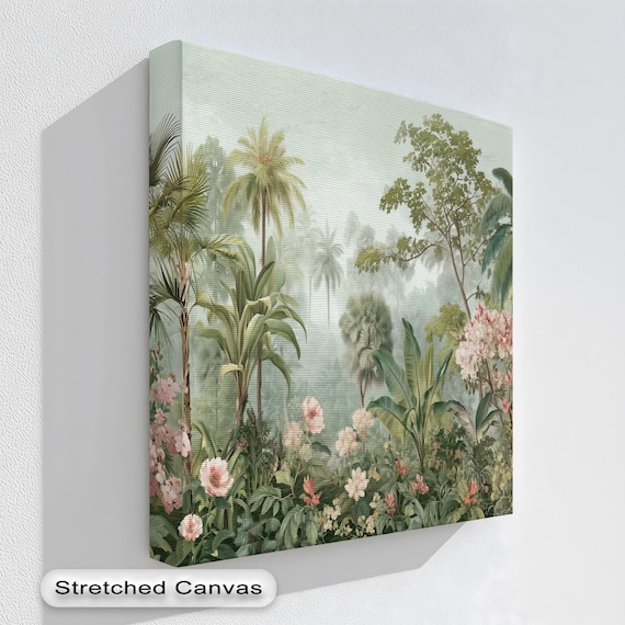 Lush Tropical Palm Jungle Misty Botanical Pink Flowers Nature Poster