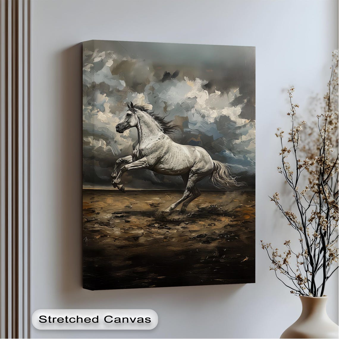 White Horse Rearing Under Stormy Sky Impasto Oil Painting Poster