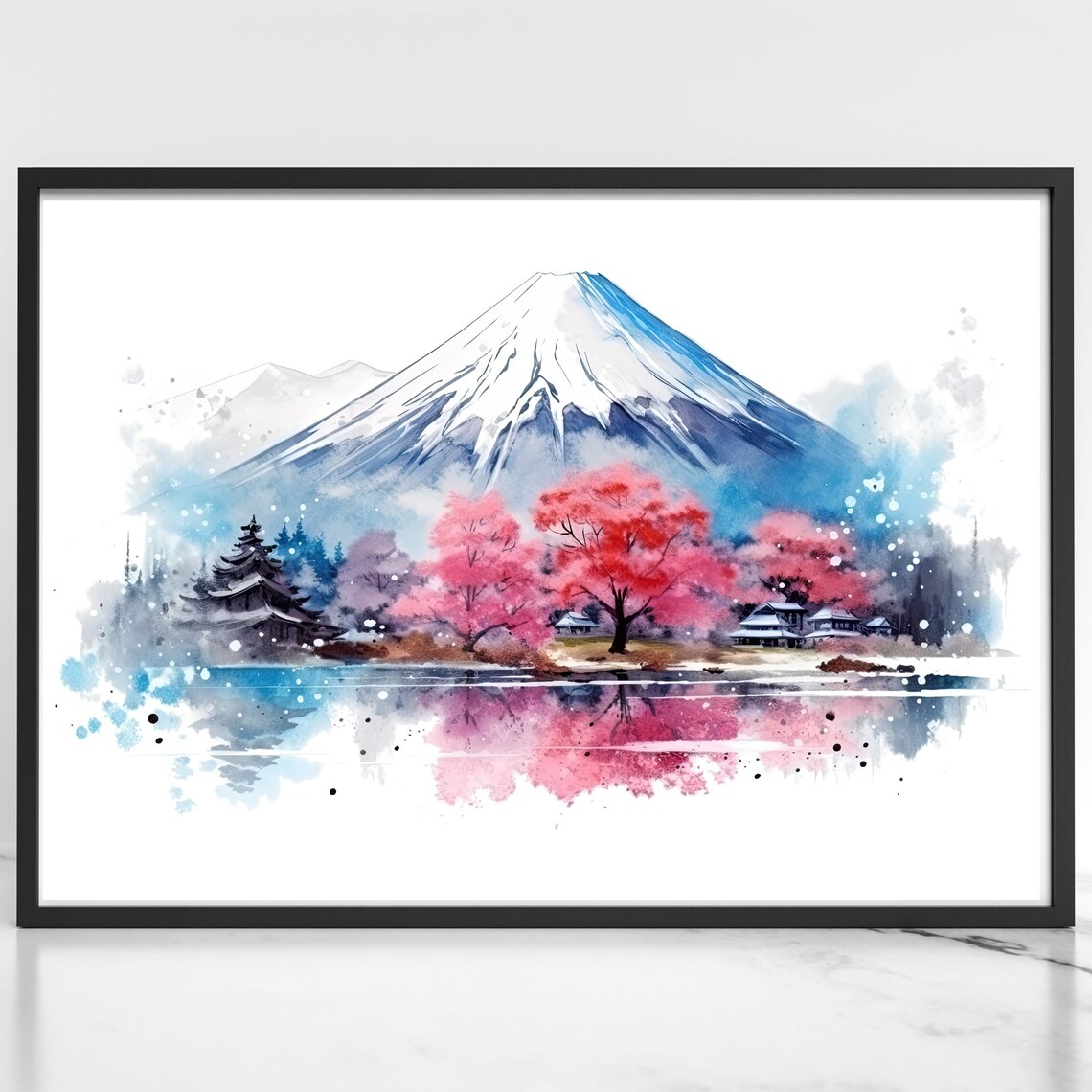Mont Fuji Watercolor Art, Japan Travel Illustration