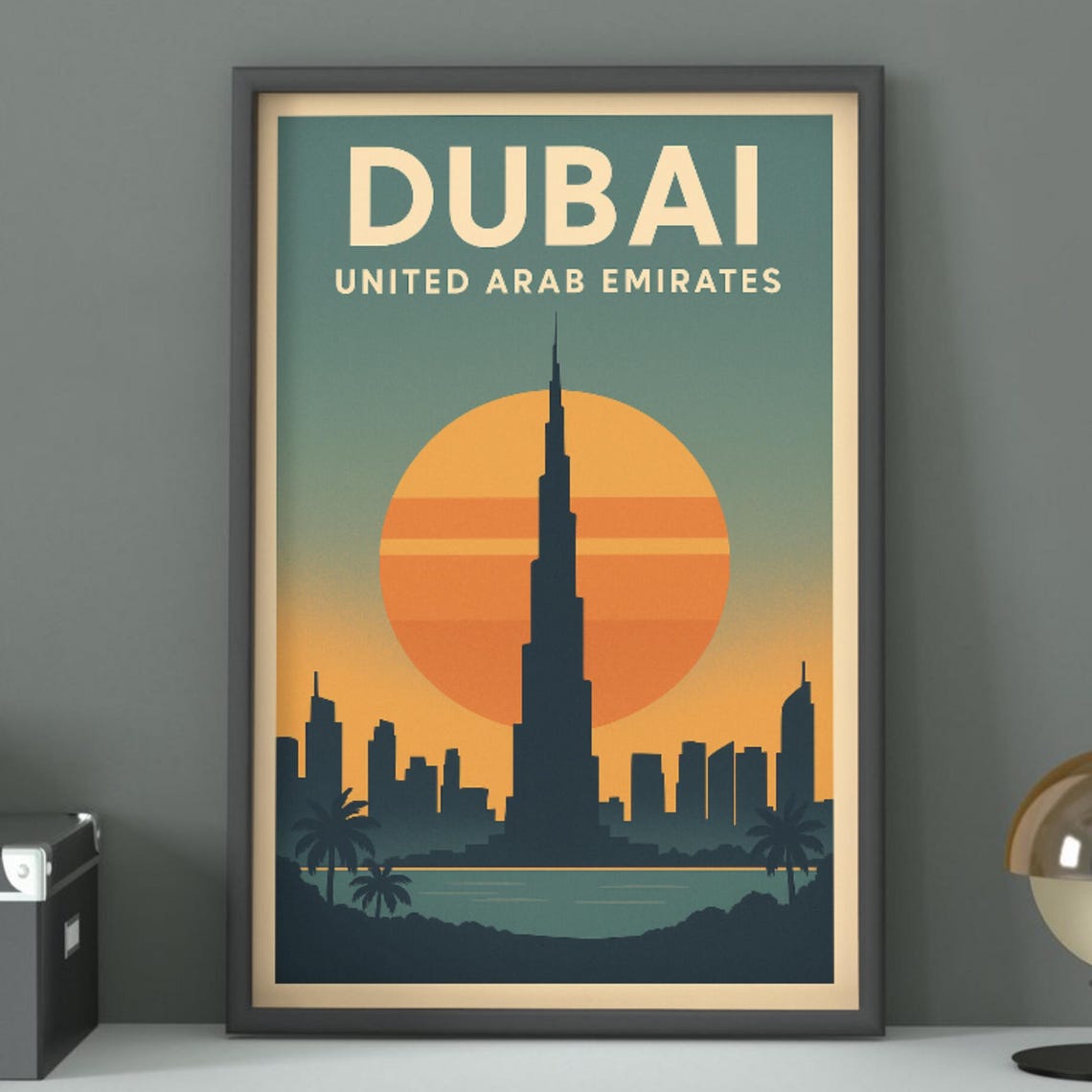 Dubai Burj Khalifa Skyline Sunset Vintage UAE Travel City Poster