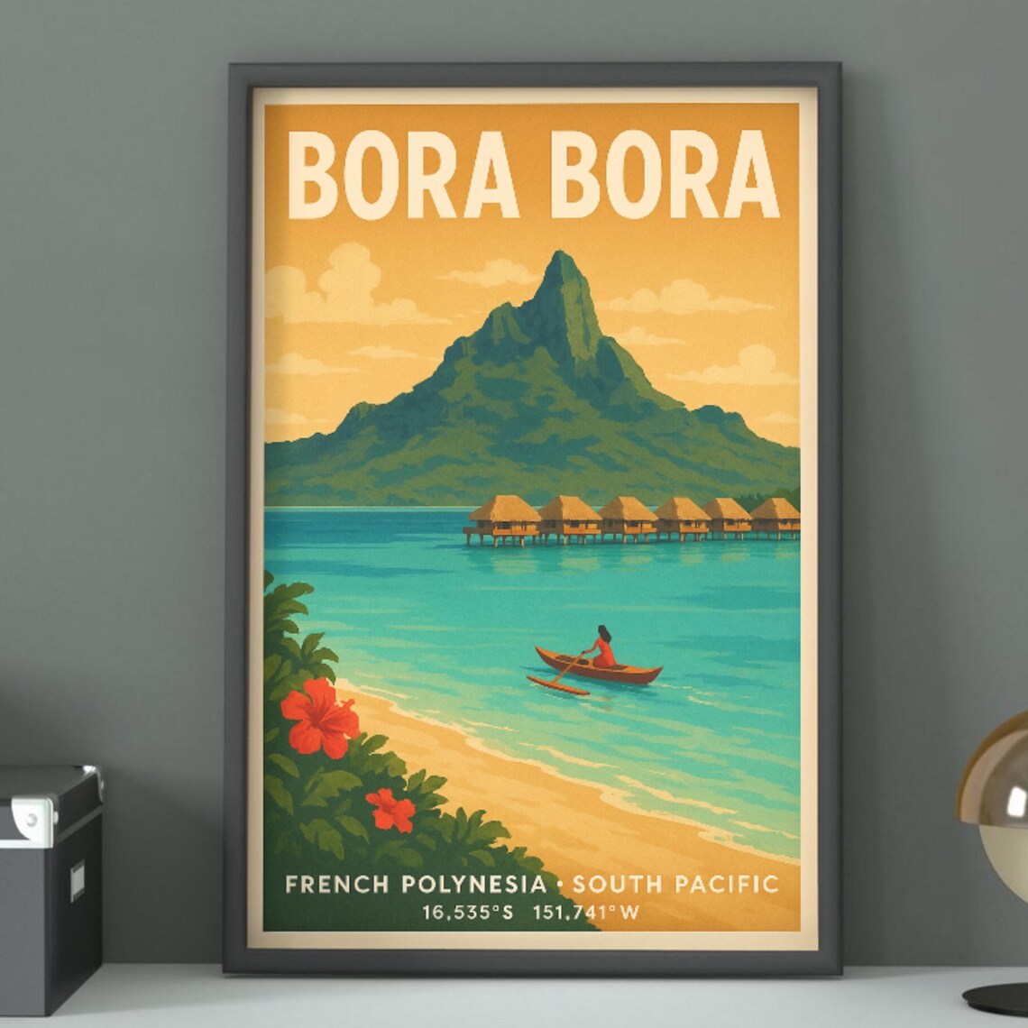 Bora Bora Hibiscus Kayak Tropical Sunset Island Travel Poster