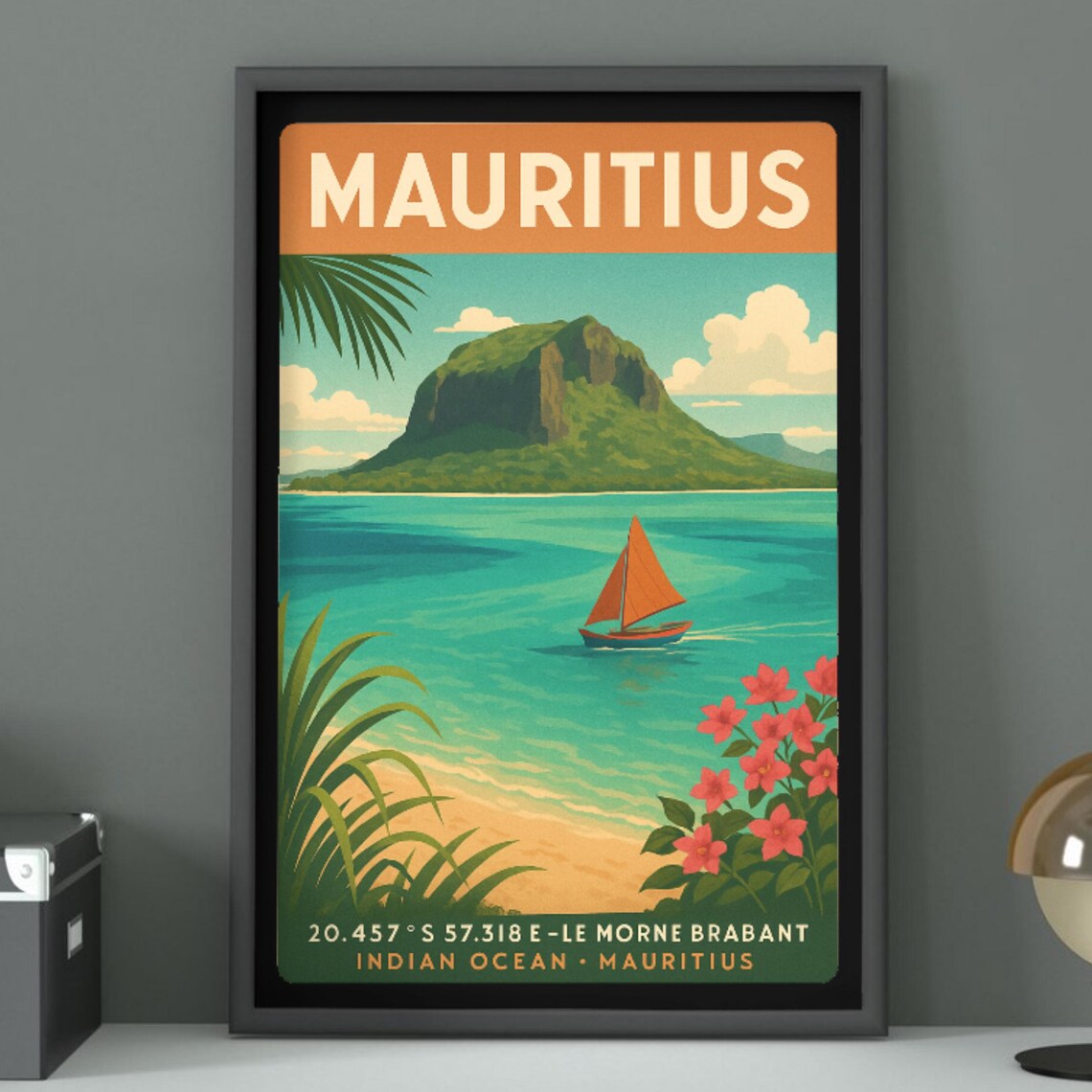 Mauritius Le Morne Brabant Vintage Travel Poster Indian Ocean Beach