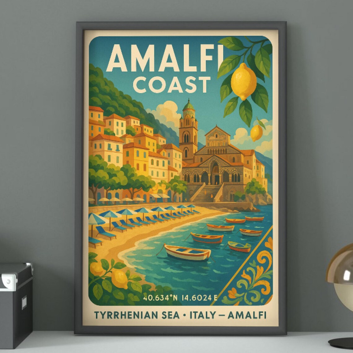 Amalfi Coast Italy Tyrrhenian Sea Lemon Vintage Travel Poster