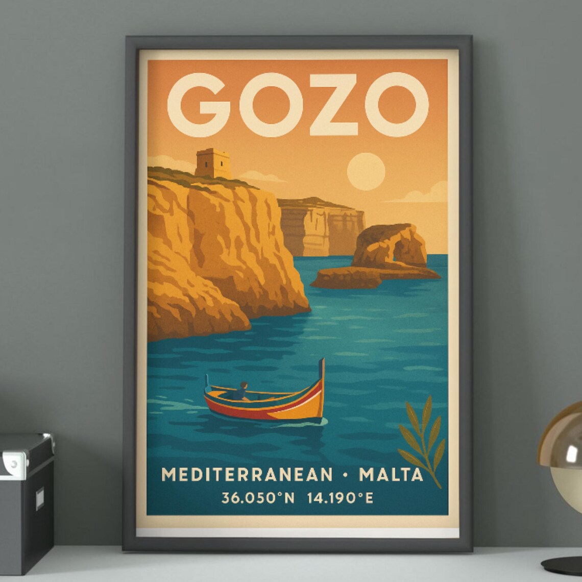 Gozo Malta Mediterranean Vintage Sunset Cliffs Boat Travel Poster