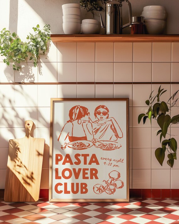 Pasta Lover Club Print Cute Kitchen Decor Trendy Kitchen Poster Pasta Wall Art Trendy Wall Art Posters Hand Drawn Food Whimsical Kitchen Art