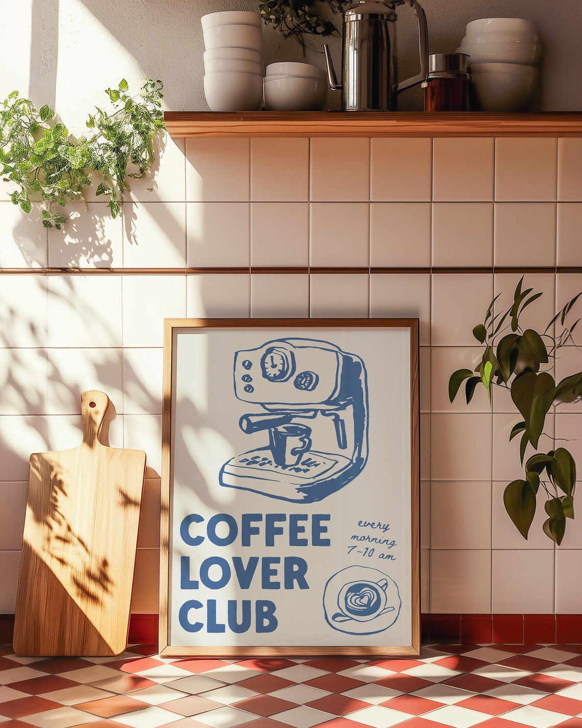 Coffee Lover Club Espresso Machine Blue Kitchen Illustration Poster