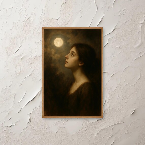 Woman And Moon Wall Art Vintage Print Celestial Portrait Antique Painting Dark Academia Decor