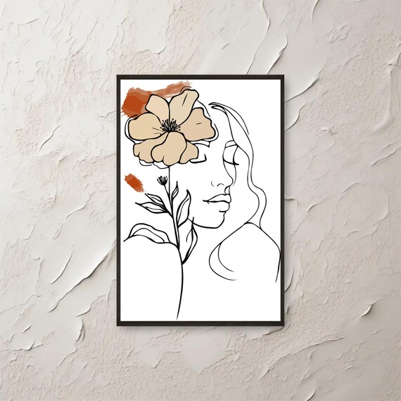Woman Profile Line Art Beige Flower Minimalist Boho Botanical Print