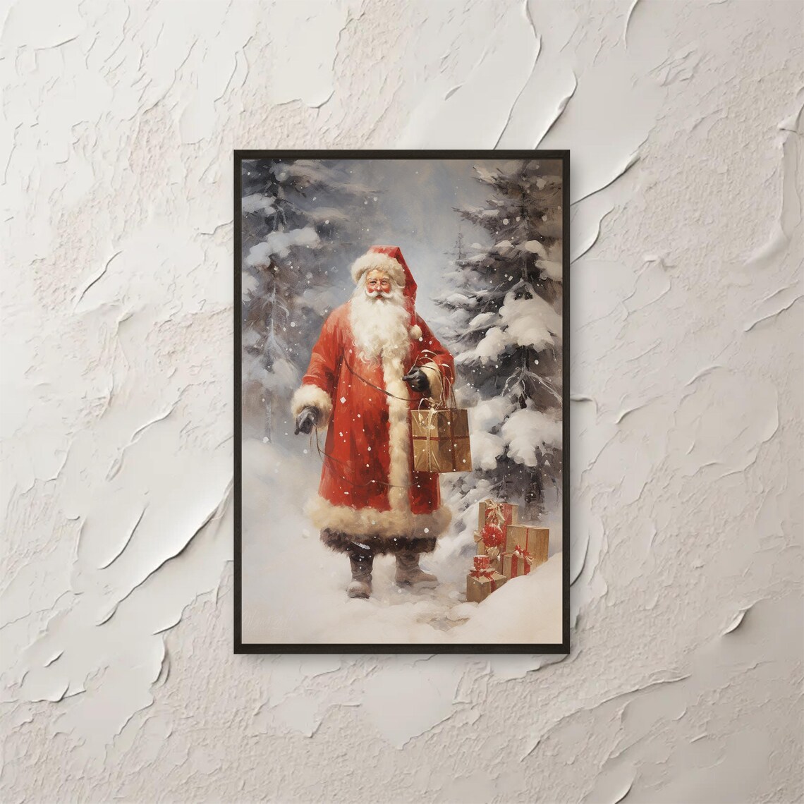 Vintage Santa Claus in Red Suit Snowy Forest Painting Poster