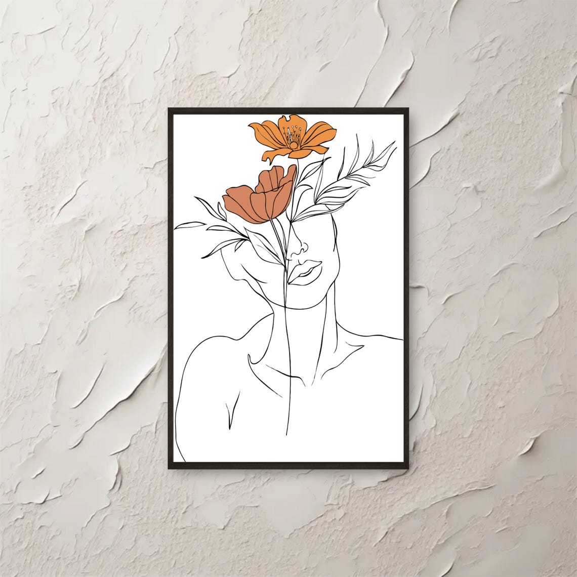 Minimalist Woman Line Art Orange Flowers Modern Face Drawing Wall Art