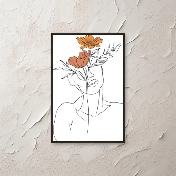 Minimalist Line Art Woman Wall Abstract Floral Face Drawing Boho Botanical Print Poster Instant Png File