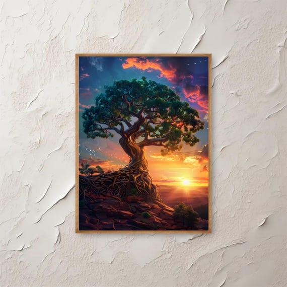 Enchanted Tree Wall Art Mystical Sunset Nature Print Fantasy Landscape Poster Magical Roots Artwork For Home Decor