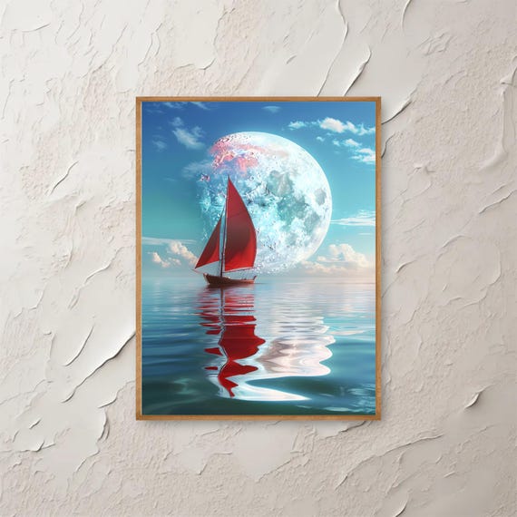 Red Sailboat Moonlight Wall Art Surreal Ocean Print Dreamy Night Sky Poster Fantasy Landscape Illustration Instant Png