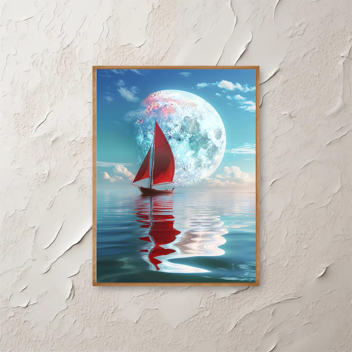 Red Sailboat Under a Giant Moon Calm Ocean Night Dreamy Poster