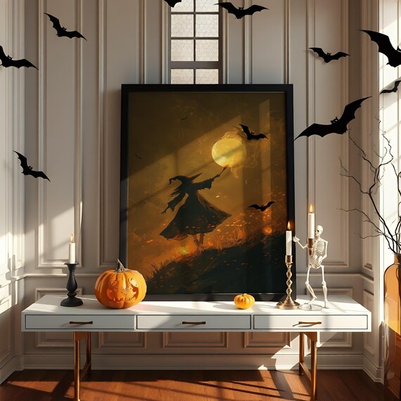 Witch Holding The Glowing Moon Art Print Enchanted Halloween Wall Decor Mystical Witchcraft Fantasy Night Artwork Png