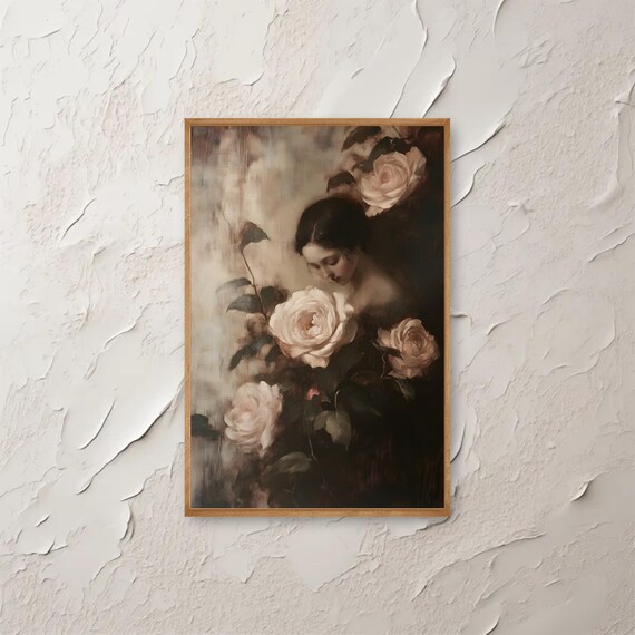 Woman With Roses Wall Art Vintage Print Floral Decor Antique Dark Academia Moody Romantic Fine