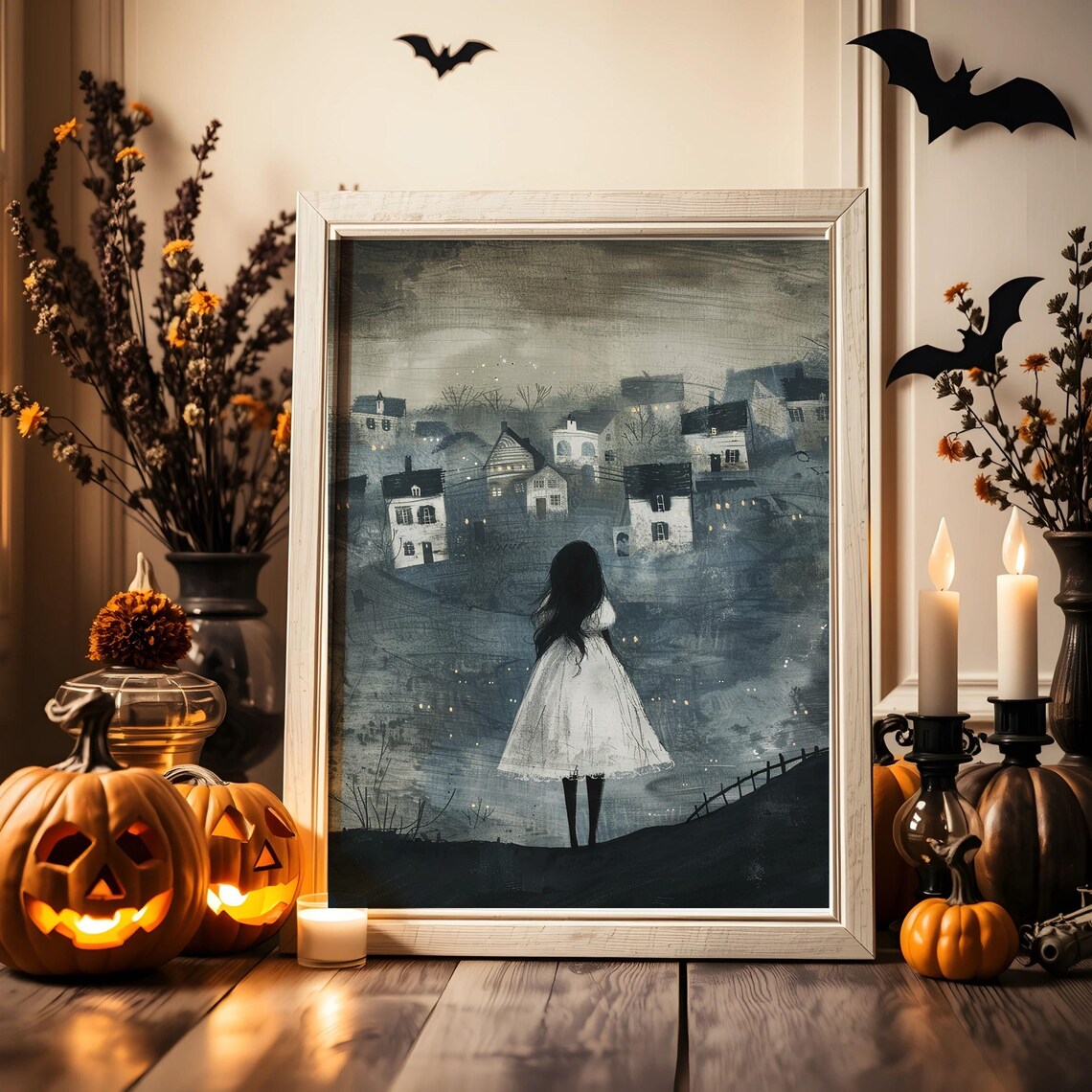 Mysterious Girl White Dress Overlooking Foggy Village Night Poster