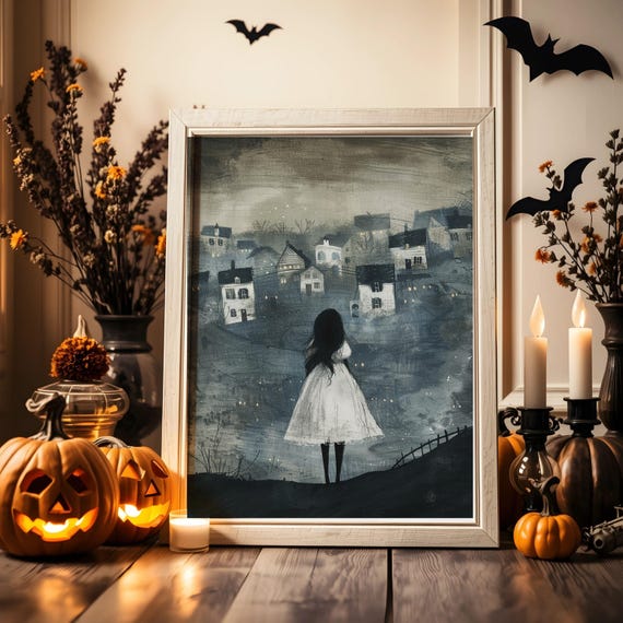 Mysterious Girl In White Dress Overlooking Foggy Village Art Print Gothic Dreamlike Night Scene Melancholic Fantasy Wall Decor