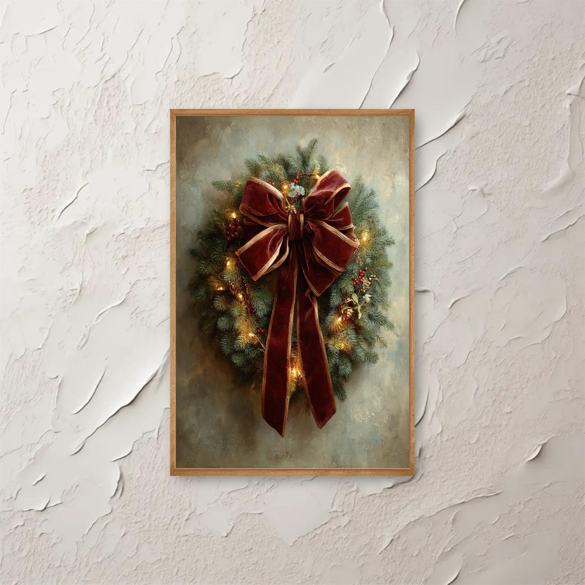 Christmas Wreath With Red Velvet Bow Holiday Lights Wall Art