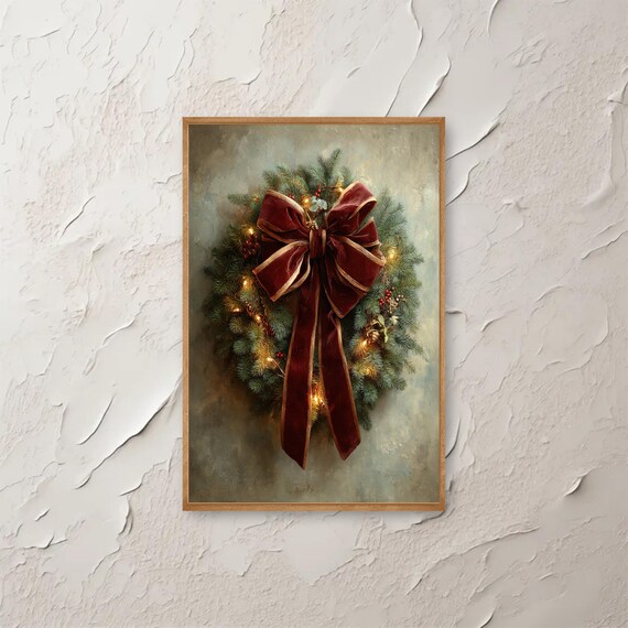 Christmas Wreath With Red Velvet Bow Holiday Lights Wall Art