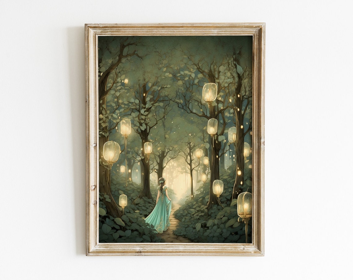 Princess Lantern Lit Forest Path Night Enchanted Fantasy Poster