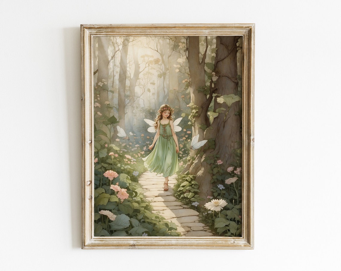 Illustration Of A Cute Fairy Girl Walking In Enchanted Spring Forest