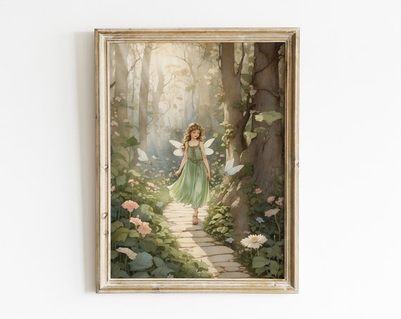 Illustration Of A Cute Fairy Girl Walking In Enchanted Spring Forest