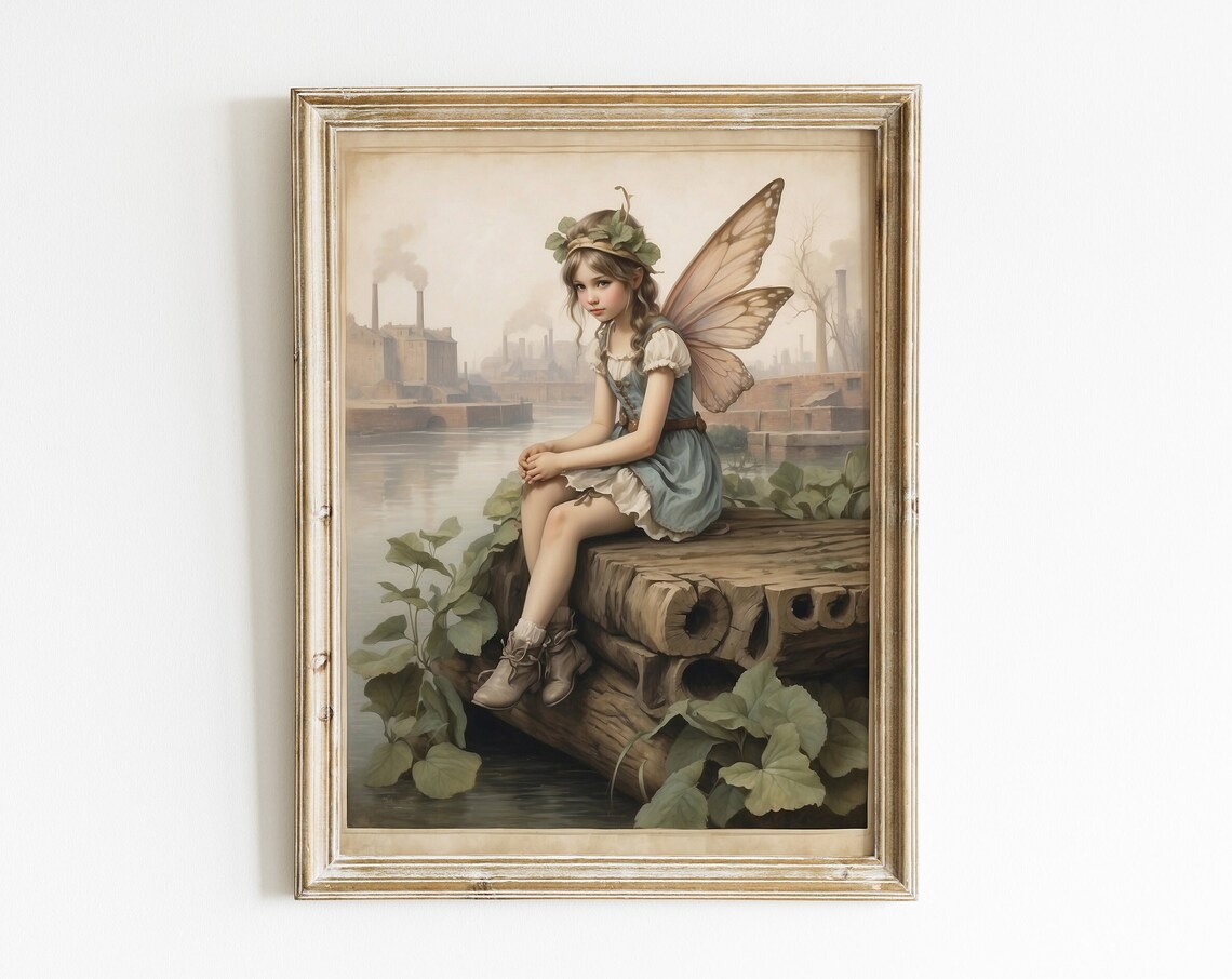 Fairy Girl Sitting Log River Vintage Fantasy Art Wall Poster