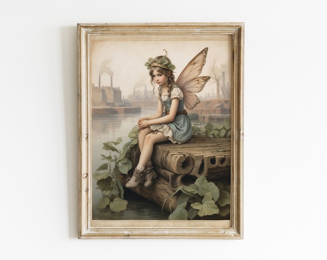 Illustration Of A Cute Fairy Girl Sitting By The Themsen River Bank In 1800s Industrial London Vintage Art Fairycore Poster