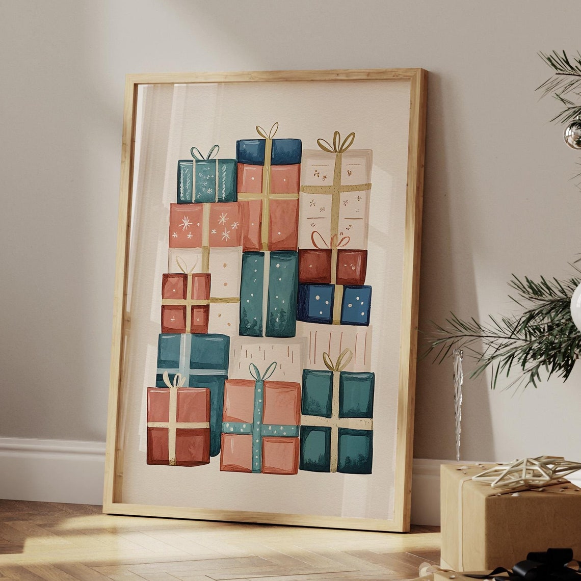 Colorful Christmas Gift Boxes Watercolor Style Holiday Poster