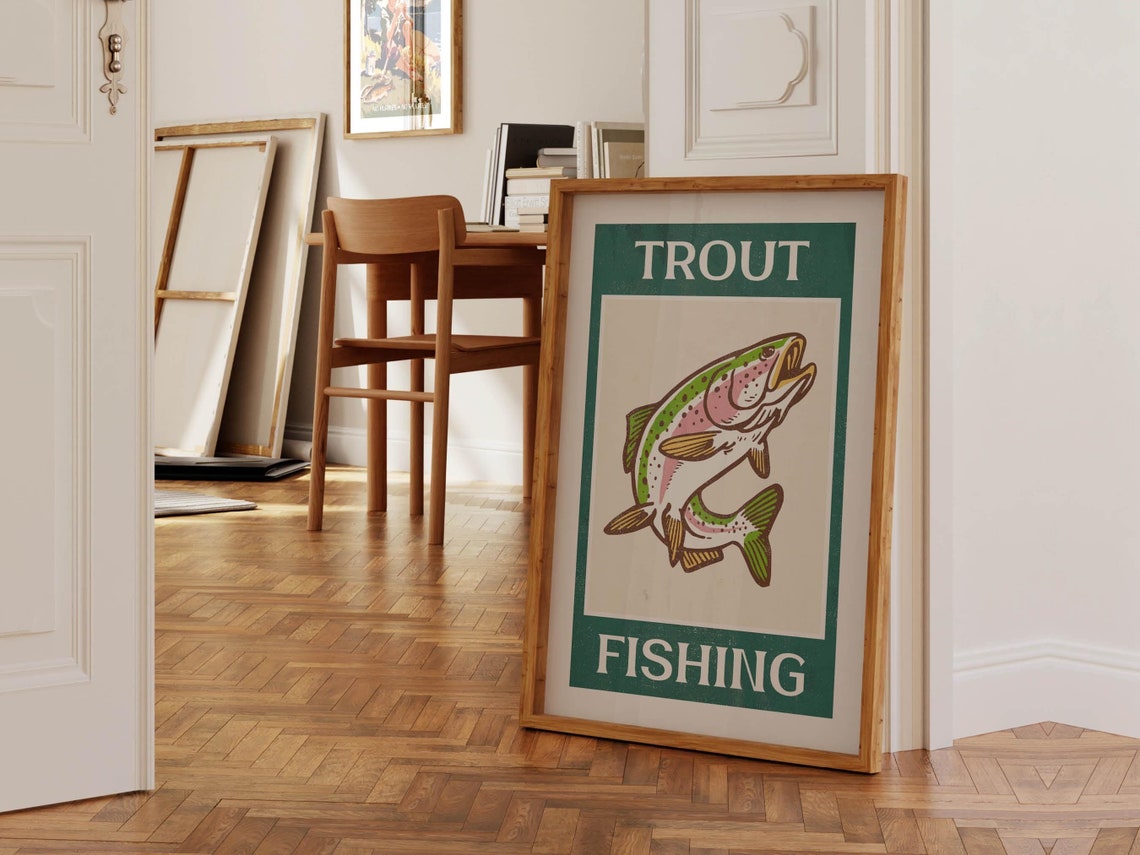 Retro Trout Fishing Print Gift For Fisherman Art Poster Cabin Wall Decor Angler Wall Art Outdoorsy Lake House Decor Fishing Son Or Dad