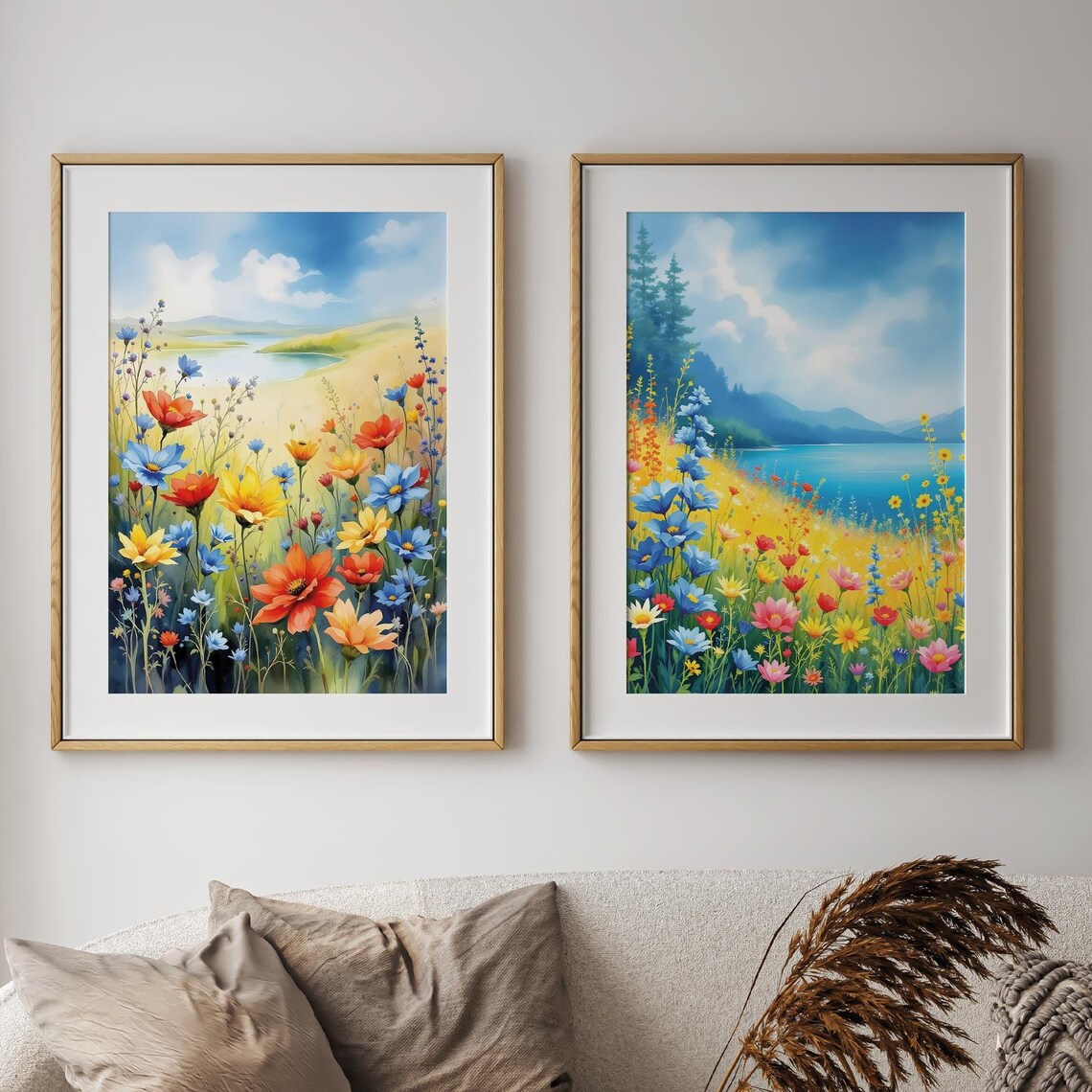 Wildflower Meadow Lake Watercolor Art Print Set Floral Landscape