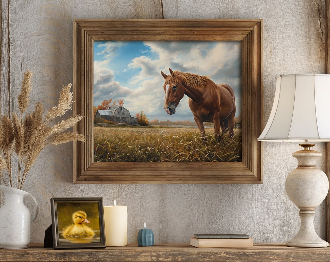 Chestnut Horse in Golden Wheat Field Barn Autumn Farmhouse Wall Art - Image 3