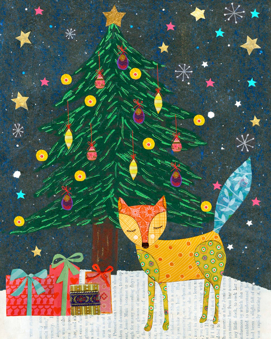 Patterned Christmas Fox with Decorated Tree Happy Holiday Poster