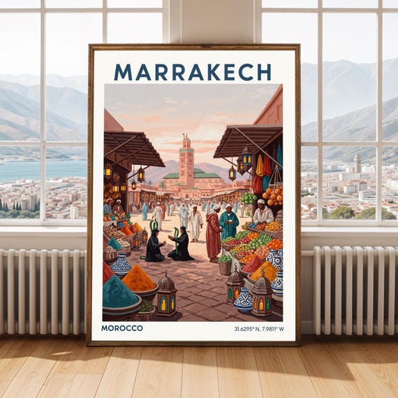 Marrakech Market Print Moroccan Illustration Orange Teal Decor