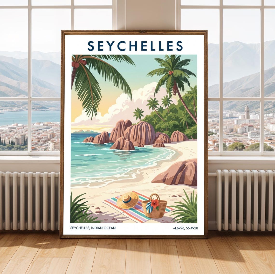 Seychelles Tropical Beach Retro Travel Poster Granite Rocks Art