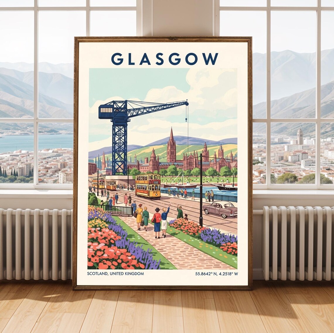 Glasgow Scotland Retro Travel Crane Tram City Vintage Scene Poster