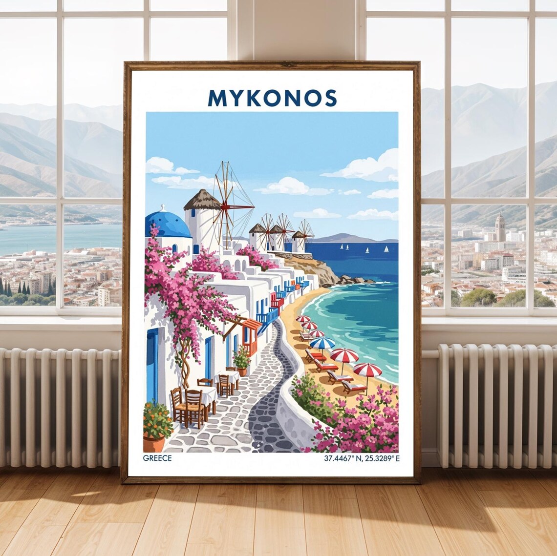 Mykonos Greece Travel Poster Aegean Windmills Bougainvillea Coastal Scene Art