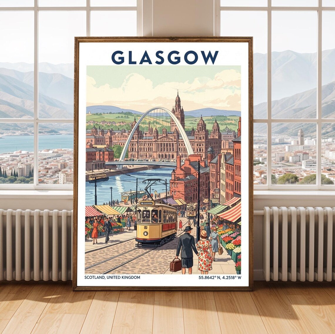Glasgow Scotland Vintage Riverside Market Scene Travel Poster