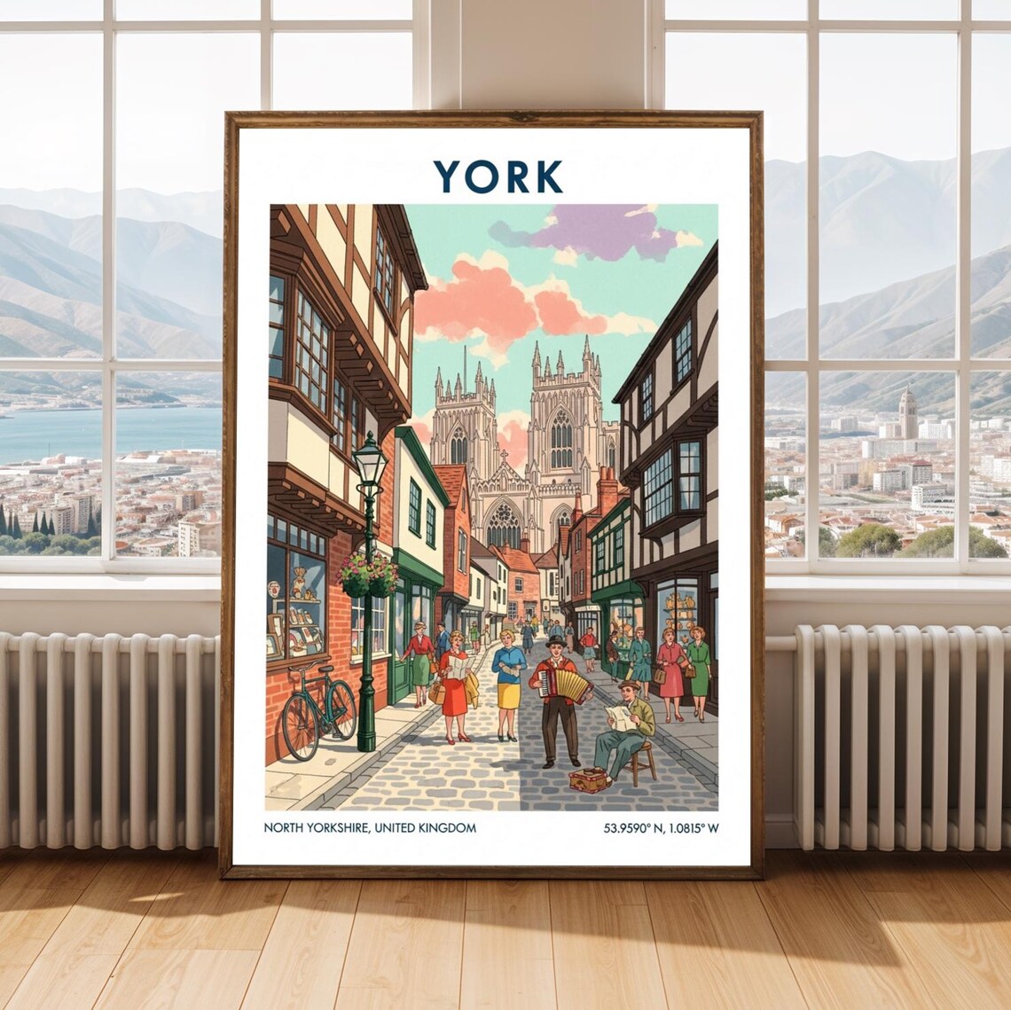 York North Yorkshire Vintage Travel Poster Minster Cobblestone Street