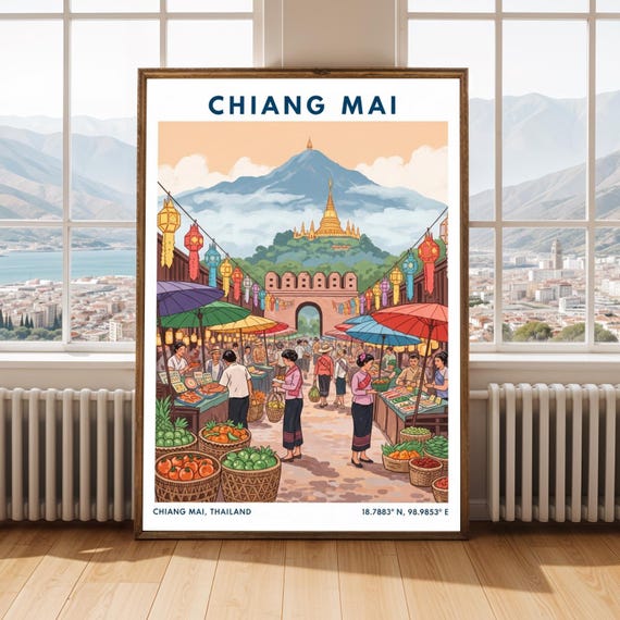 Chiang Mai Market Art Print Vibrant Thailand Cultural Illustration