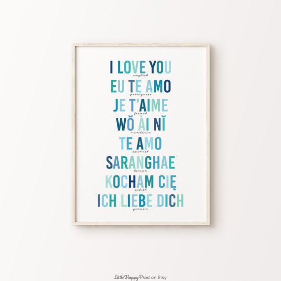 I Love You In Different Languages Print Blue With White Background Nursery Kids Room Cute Turquoise Navy Home Decor Instant Download