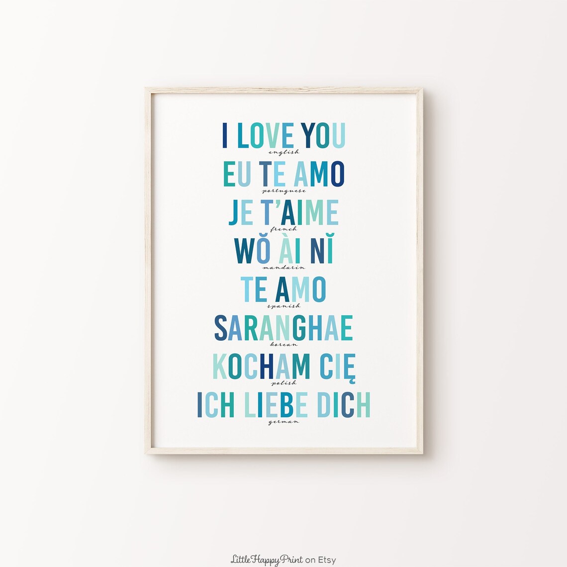 I Love You in Different Languages Blue Love Words Typography Poster
