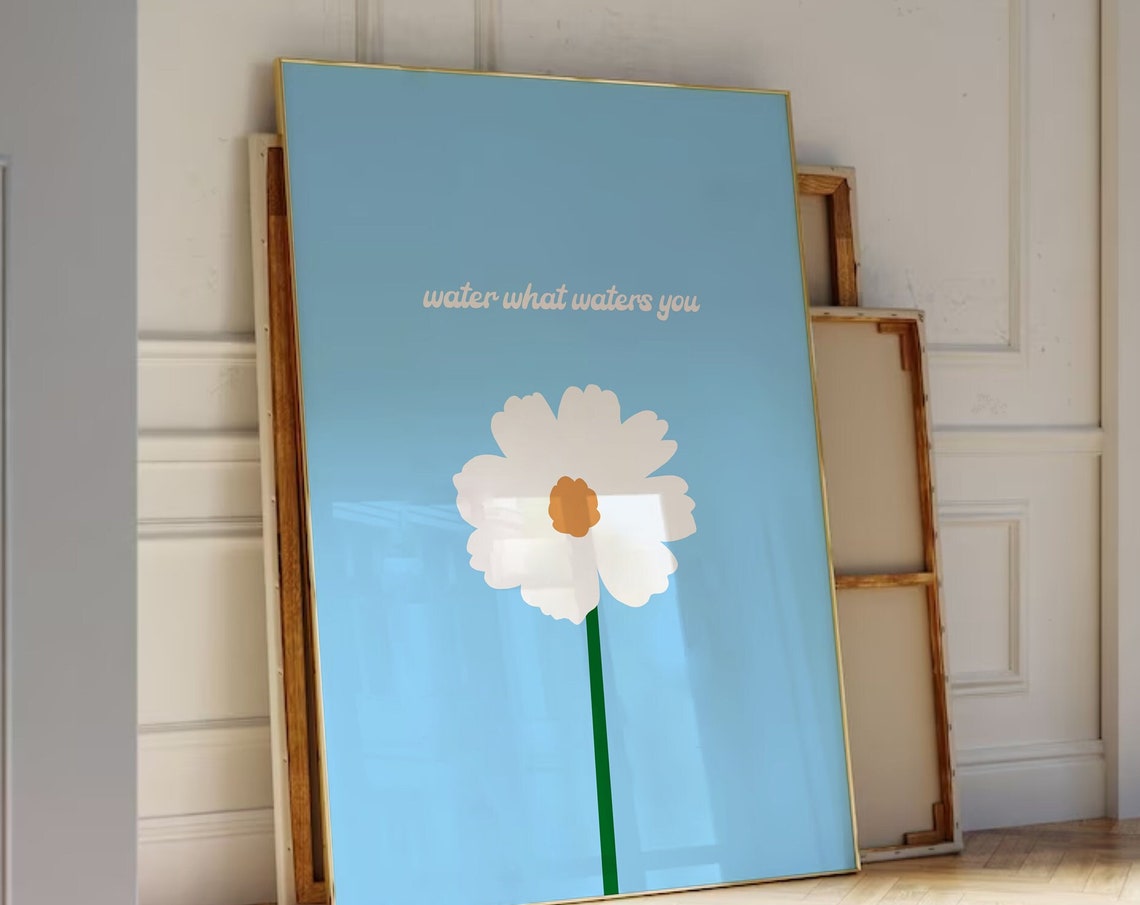 Water What Waters You White Daisy Flower Blue Background Wall Art