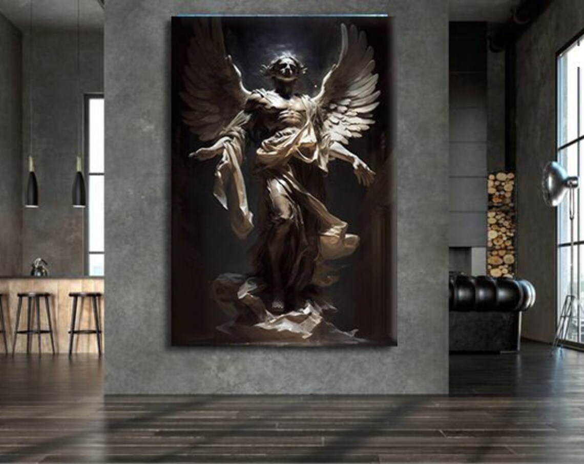 Dark Winged Angel Statue Stone Wings Dramatic Surreal Art Print